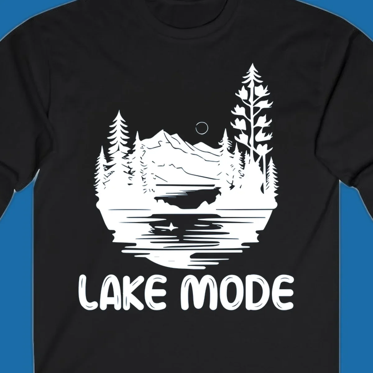 Lake mode mountain landscape with trees and moon, text 'LAKE MODE'.
