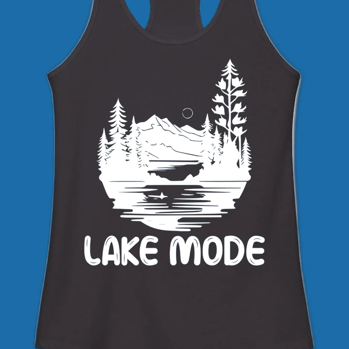 Lake mode mountain landscape with trees and moon, text 'LAKE MODE'.
