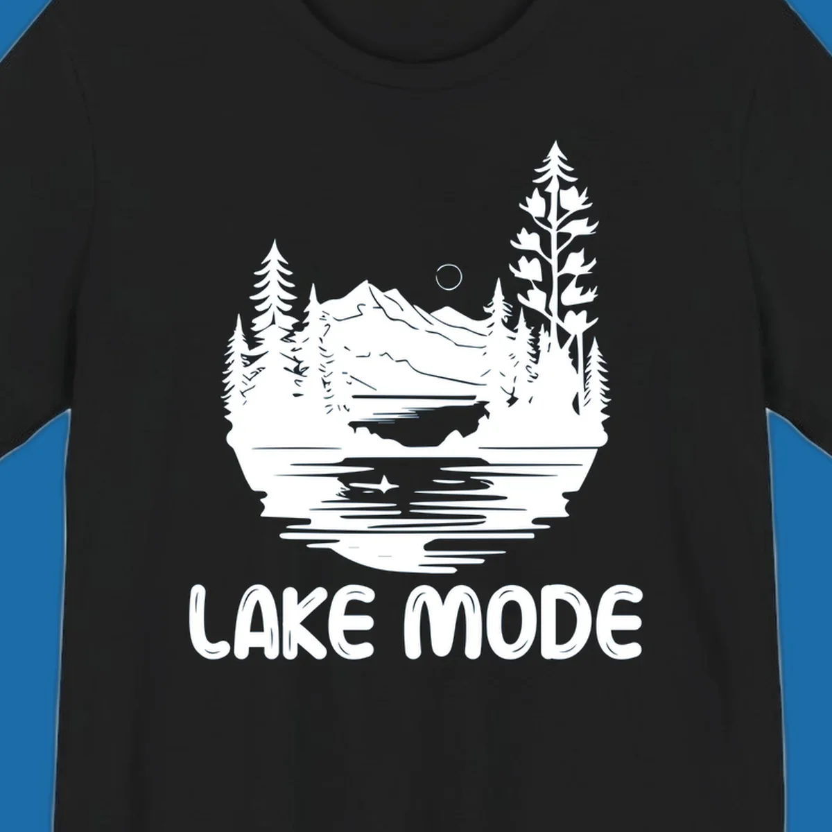 Lake mode mountain landscape with trees and moon, text 'LAKE MODE'.