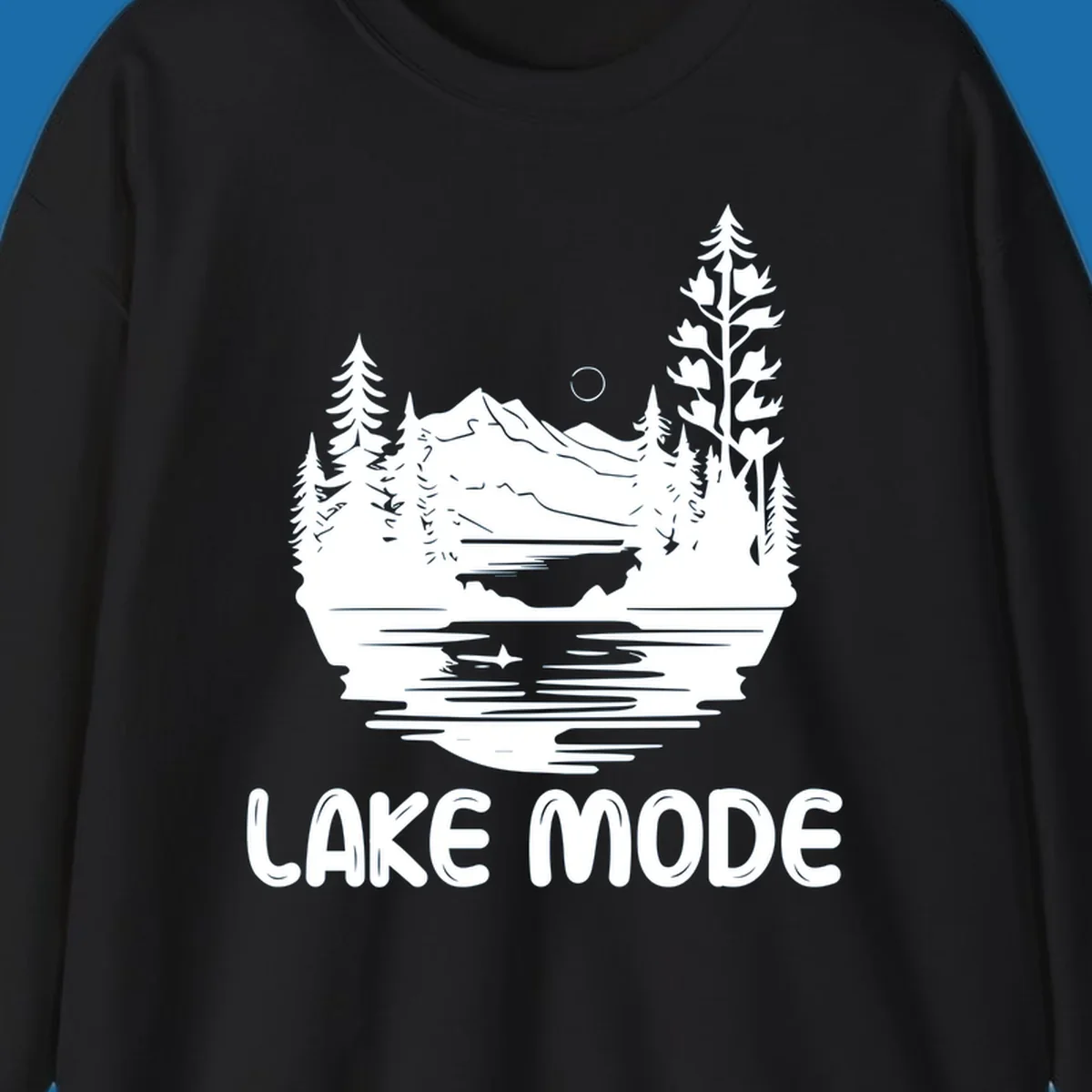 Lake mode mountain landscape with trees and moon, text 'LAKE MODE'.