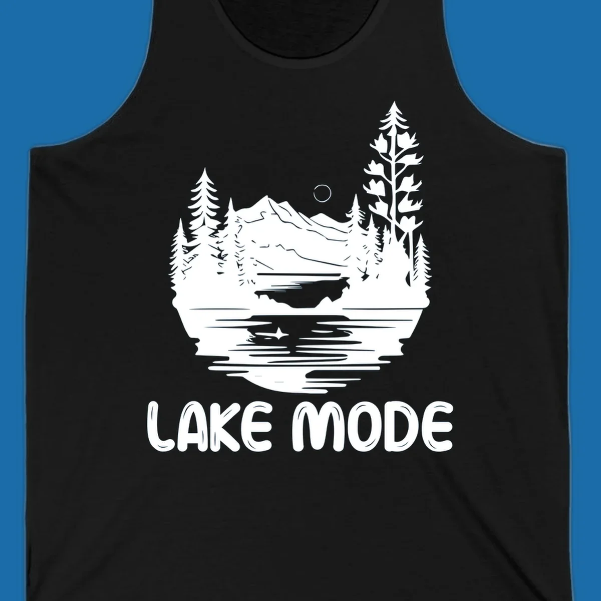 Lake mode mountain landscape with trees and moon, text 'LAKE MODE'.