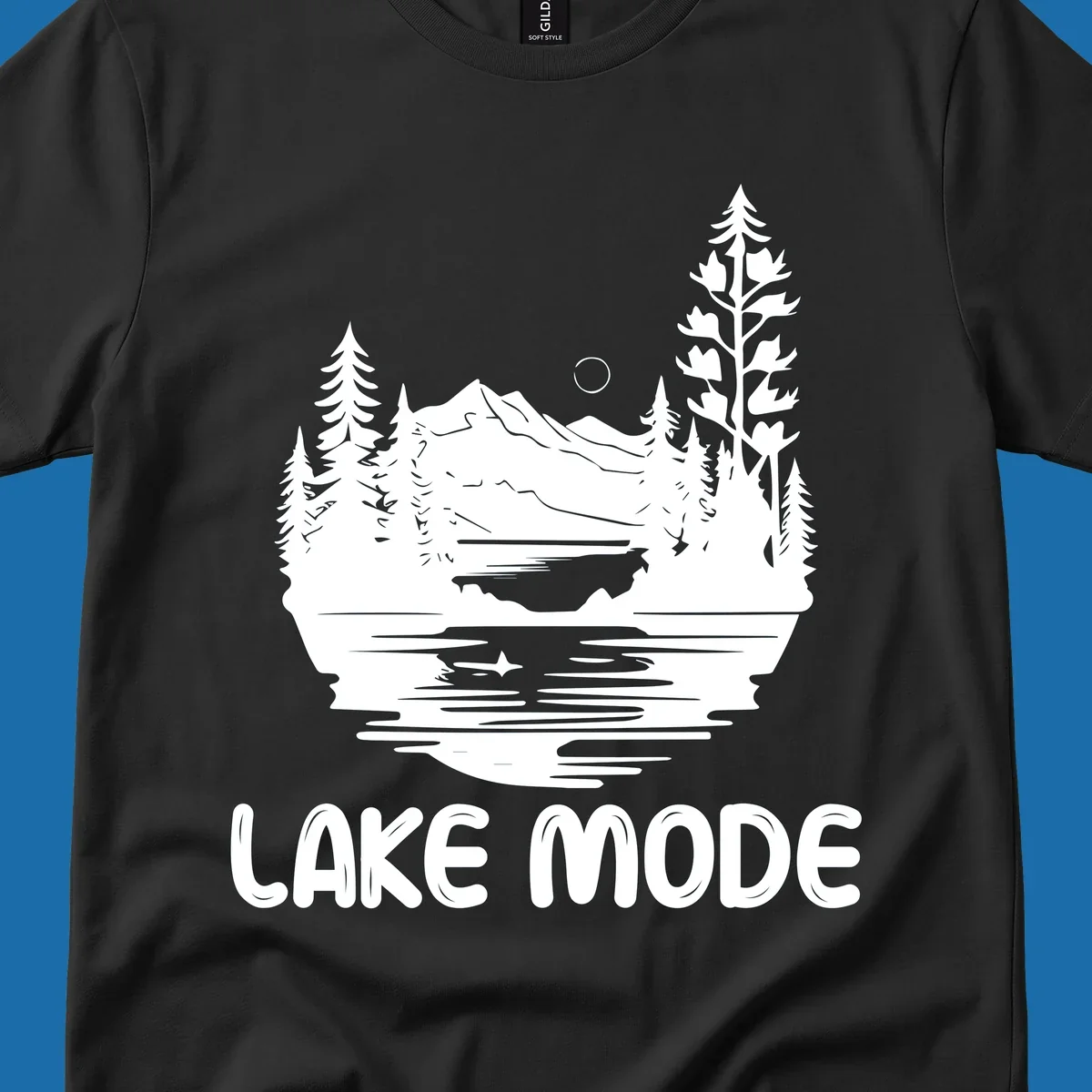 Lake mode mountain landscape with trees and moon, text 'LAKE MODE'.
