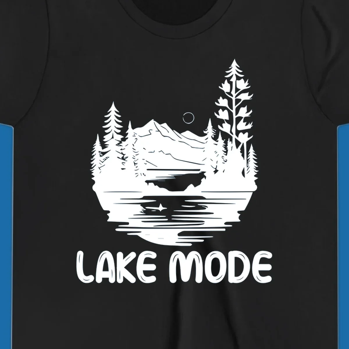 Lake mode mountain landscape with trees and moon, text 'LAKE MODE'.