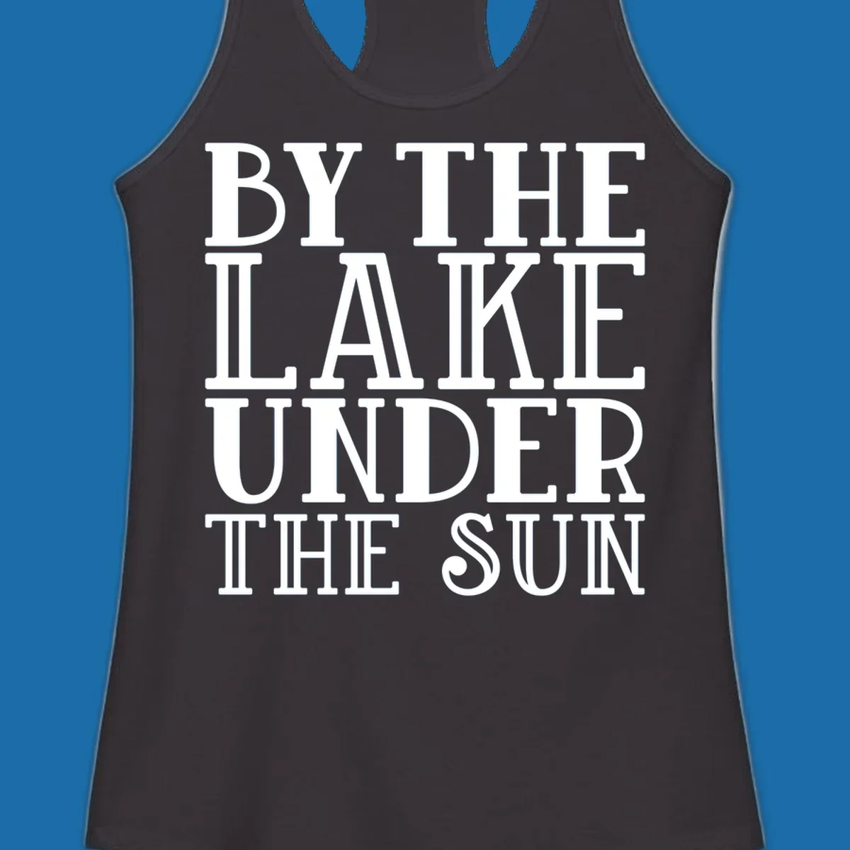 Text design 'BY THE LAKE UNDER THE SUN' in white serif font.