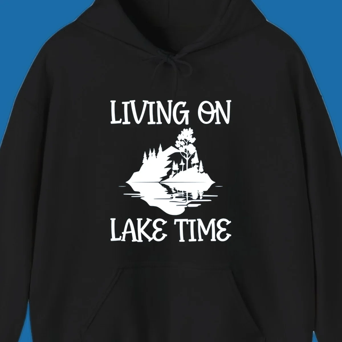 Living on lake time design with island trees mountains and water reflection.