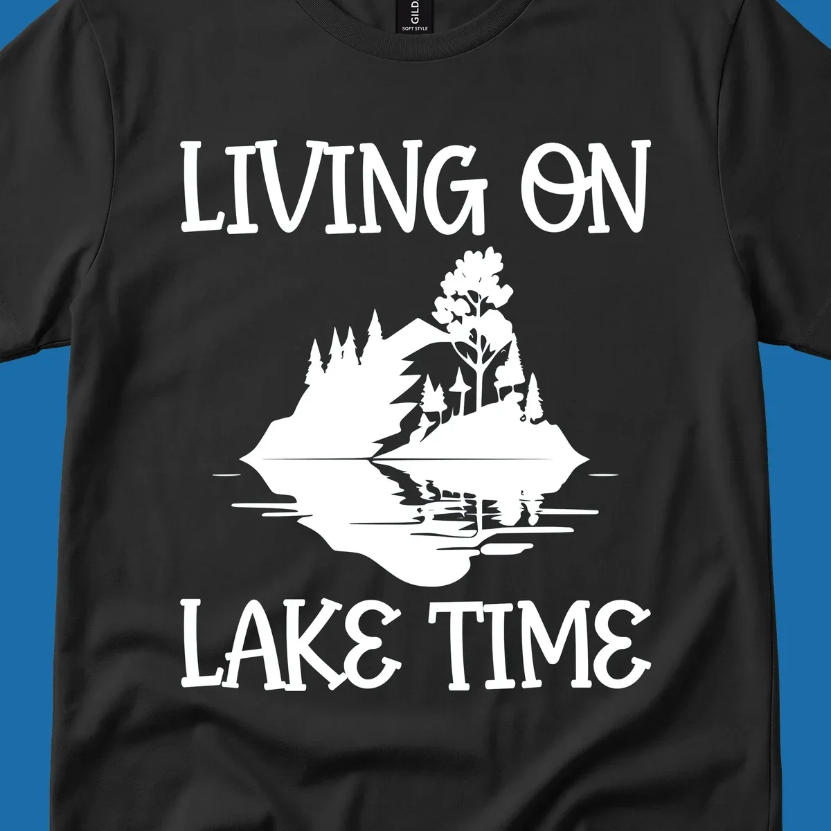 Living on lake time design with island trees mountains and water reflection.