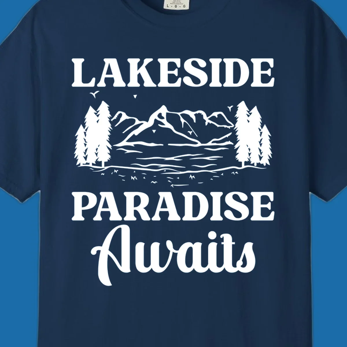 Lakeside Paradise Awaits text with mountain and tree graphic