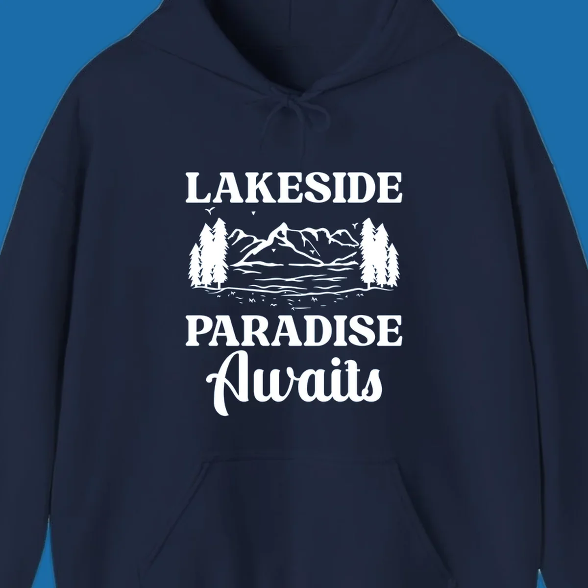 Lakeside Paradise Awaits text with mountain and tree graphic