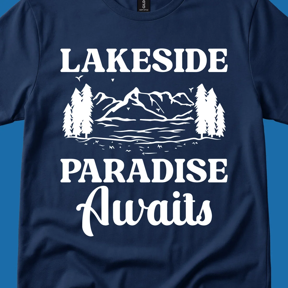 Lakeside Paradise Awaits text with mountain and tree graphic