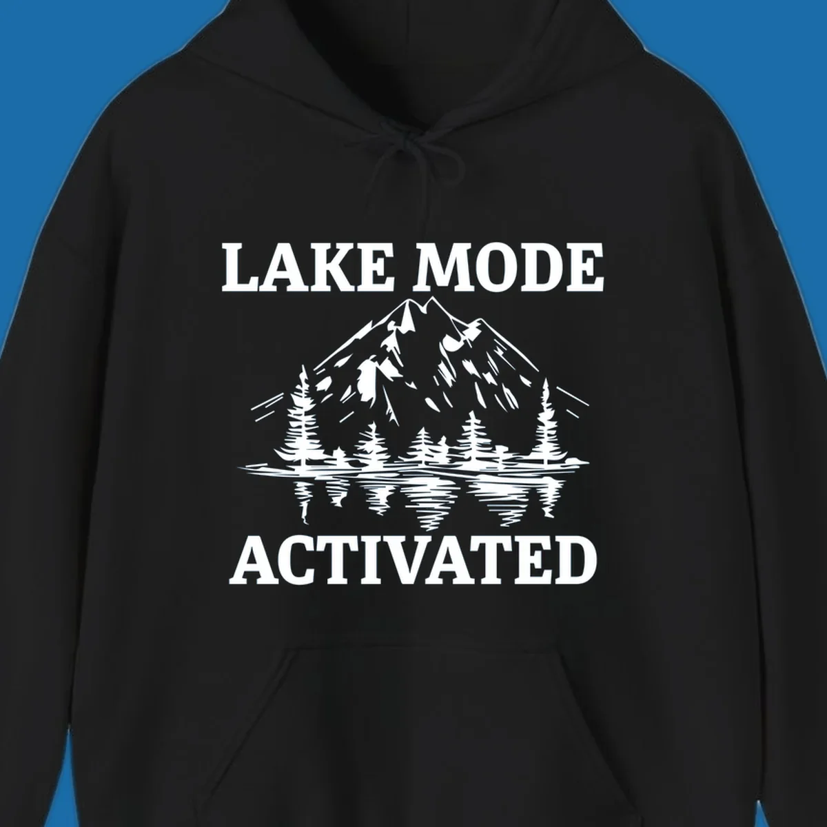 Lake Mode Activated text with mountain, pine trees, and lake reflection graphic.