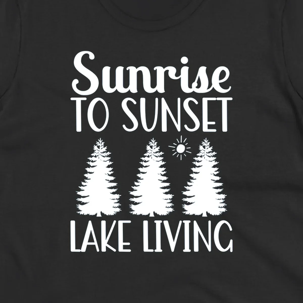 Sunrise to sunset lake living text with pine trees and sun graphic. lake-living-sunrise-sunset