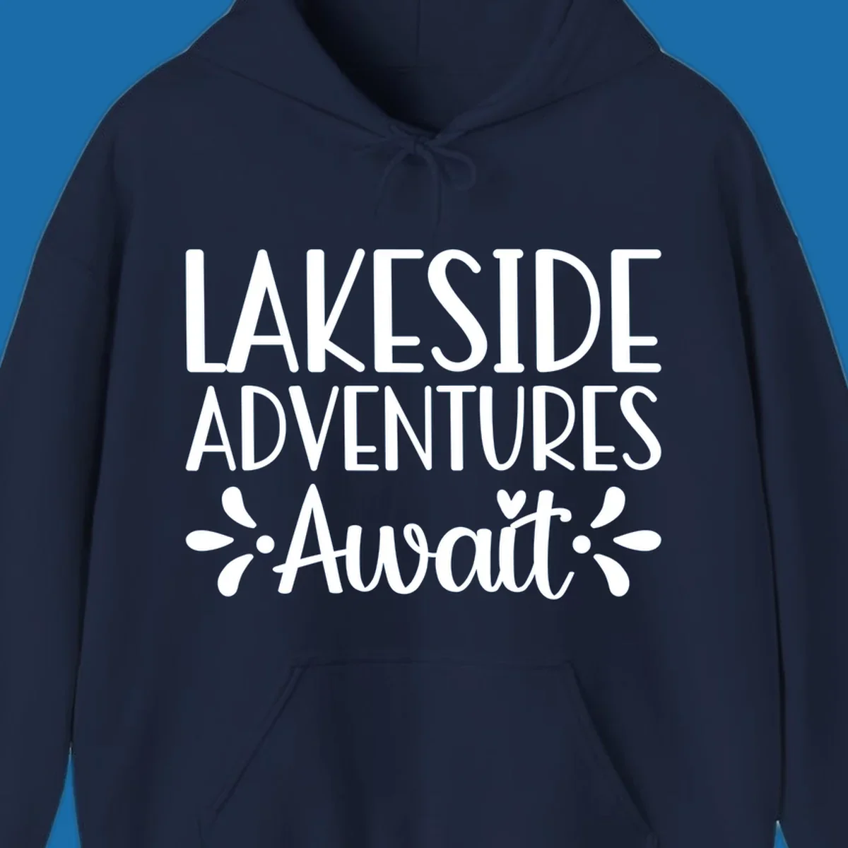 Lakeside adventures await text design with floral accents and a heart.