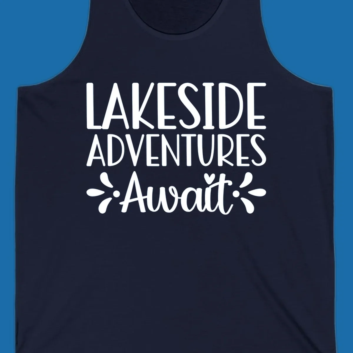 Lakeside adventures await text design with floral accents and a heart.