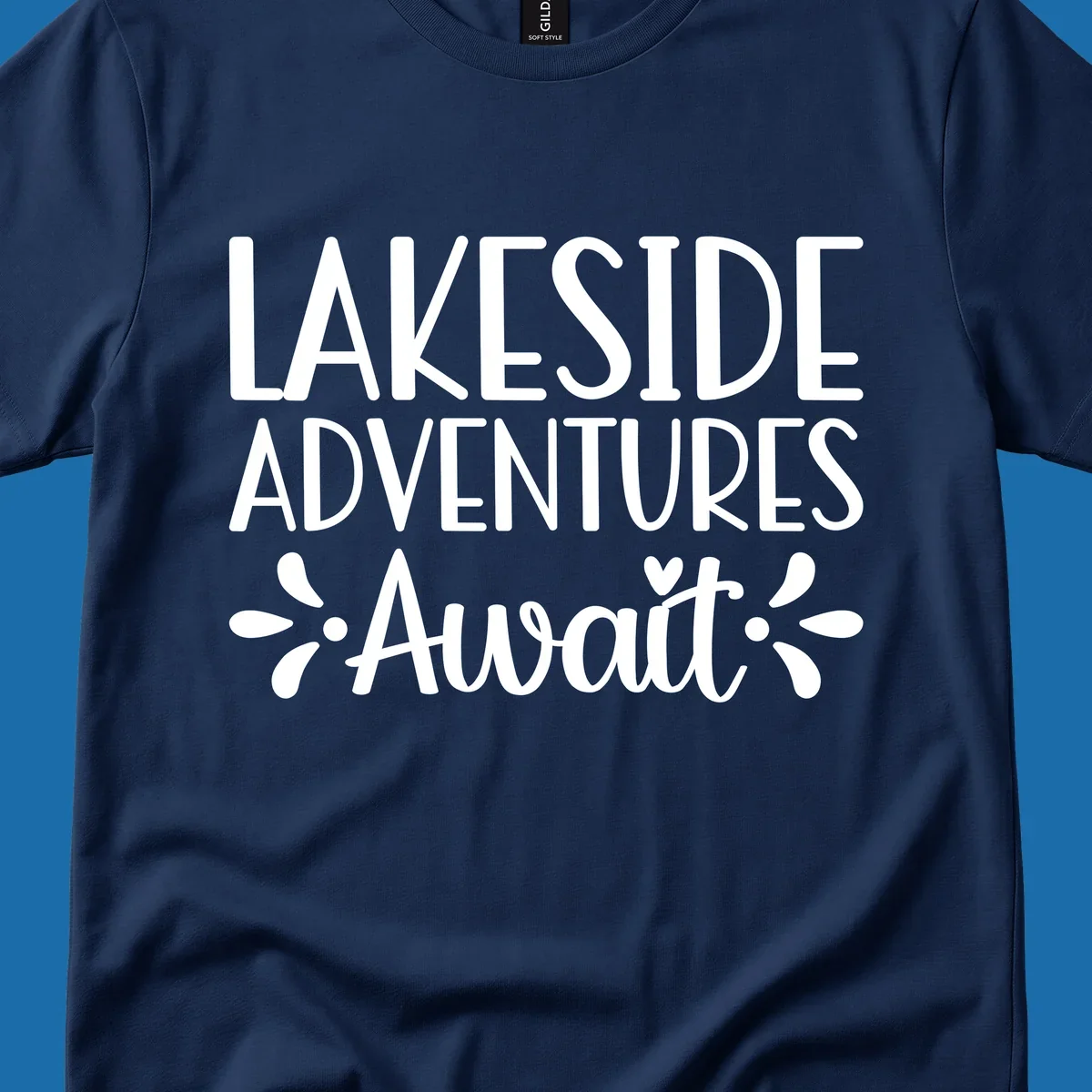 Lakeside adventures await text design with floral accents and a heart.