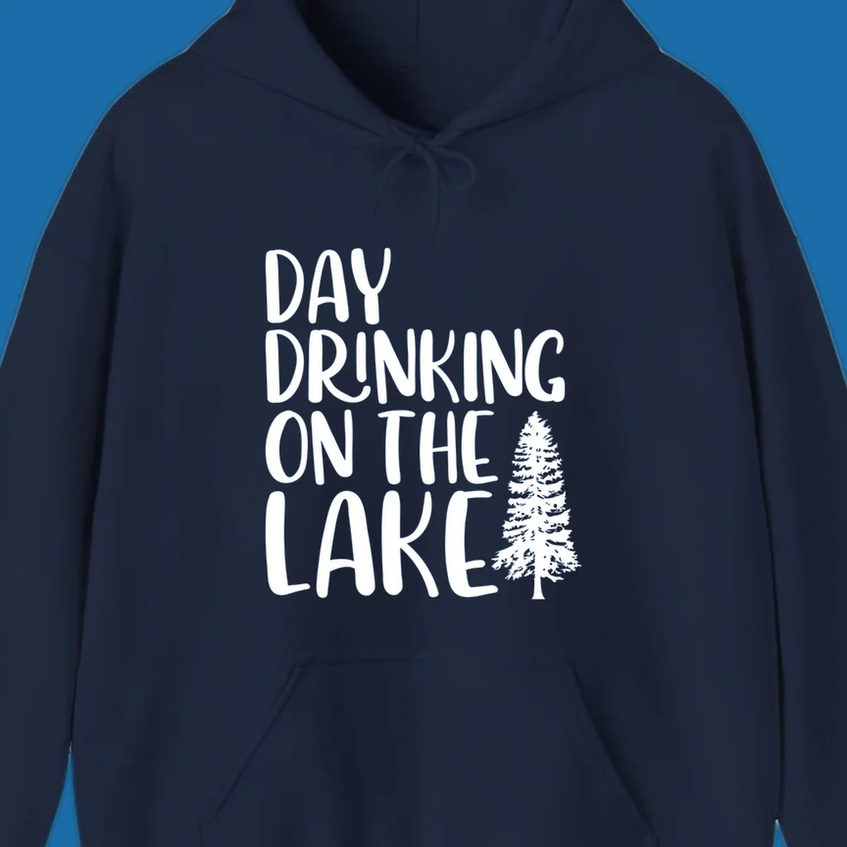 Day Drinking On The Lake graphic with text and a pine tree.