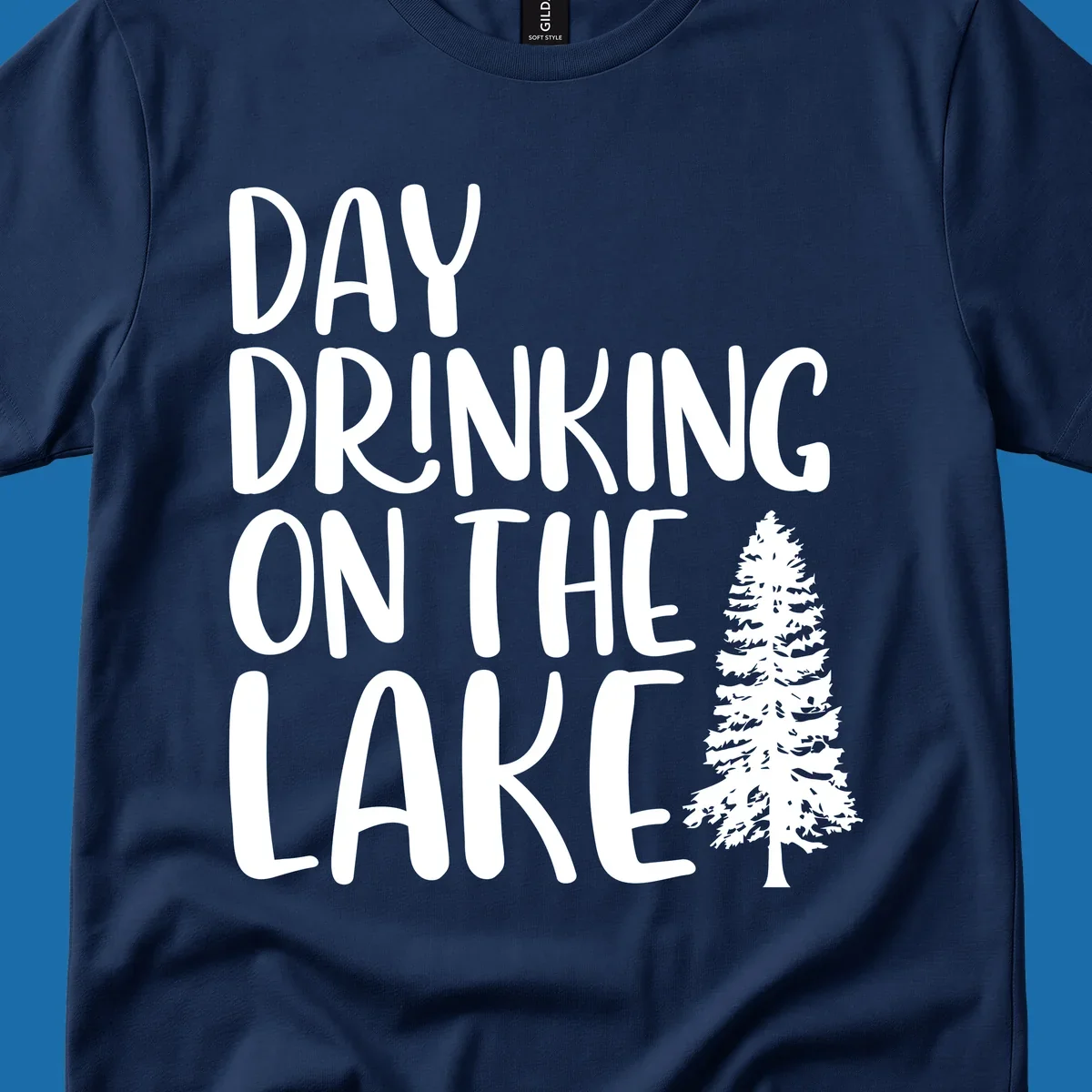 Day Drinking On The Lake graphic with text and a pine tree.