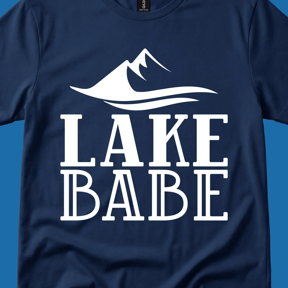 Lake Babe mountain wave graphic design with white text and illustration.