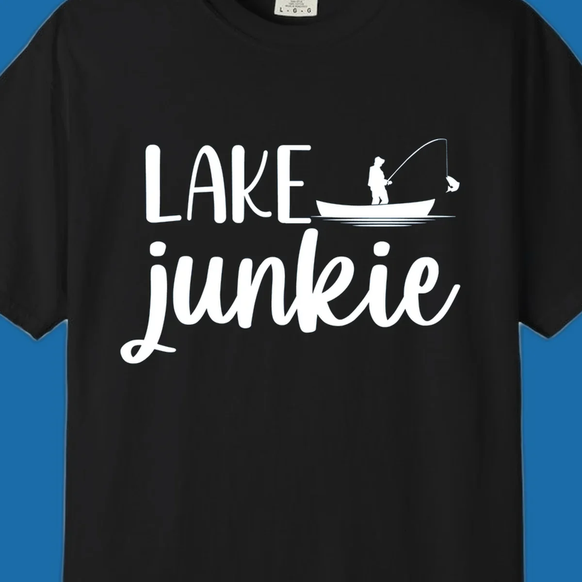Lake Junkie Fishing Lifestyle Design with text and fisherman silhouette. 