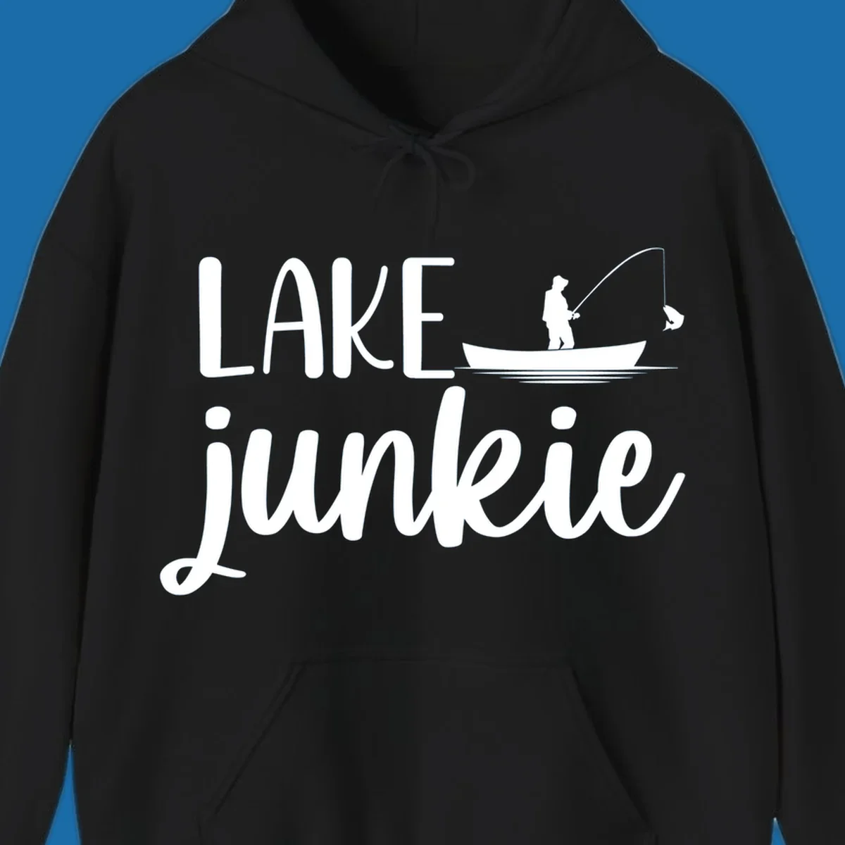 Lake Junkie Fishing Lifestyle Design with text and fisherman silhouette. 