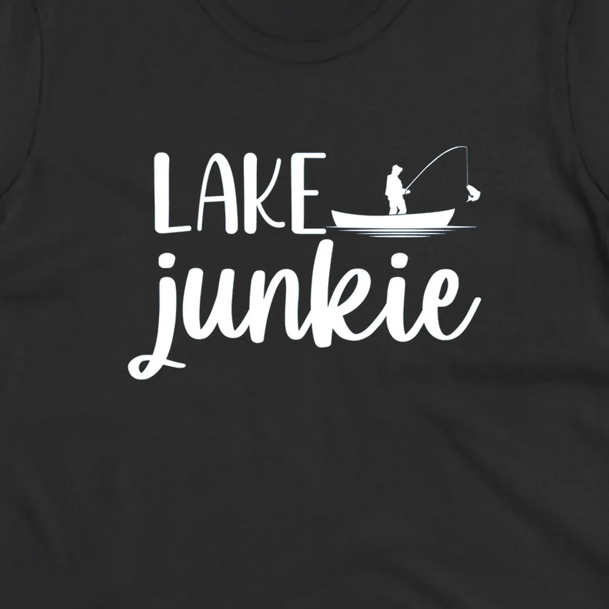 Lake Junkie Fishing Lifestyle Design with text and fisherman silhouette. 