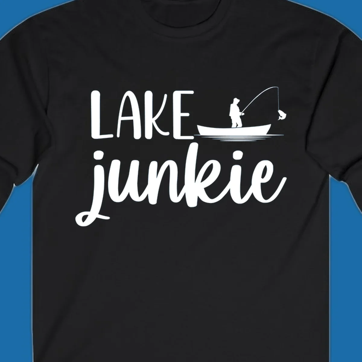 Lake Junkie Fishing Lifestyle Design with text and fisherman silhouette. 