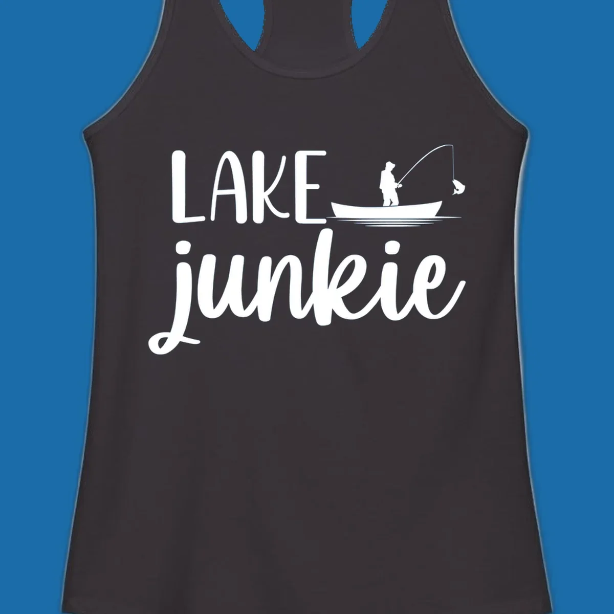 Lake Junkie Fishing Lifestyle Design with text and fisherman silhouette. 