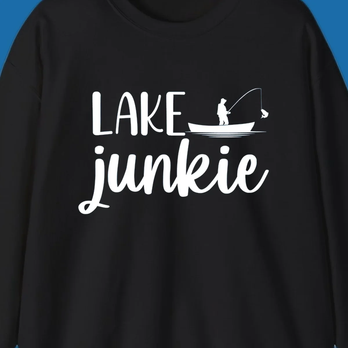 Lake Junkie Fishing Lifestyle Design with text and fisherman silhouette. 