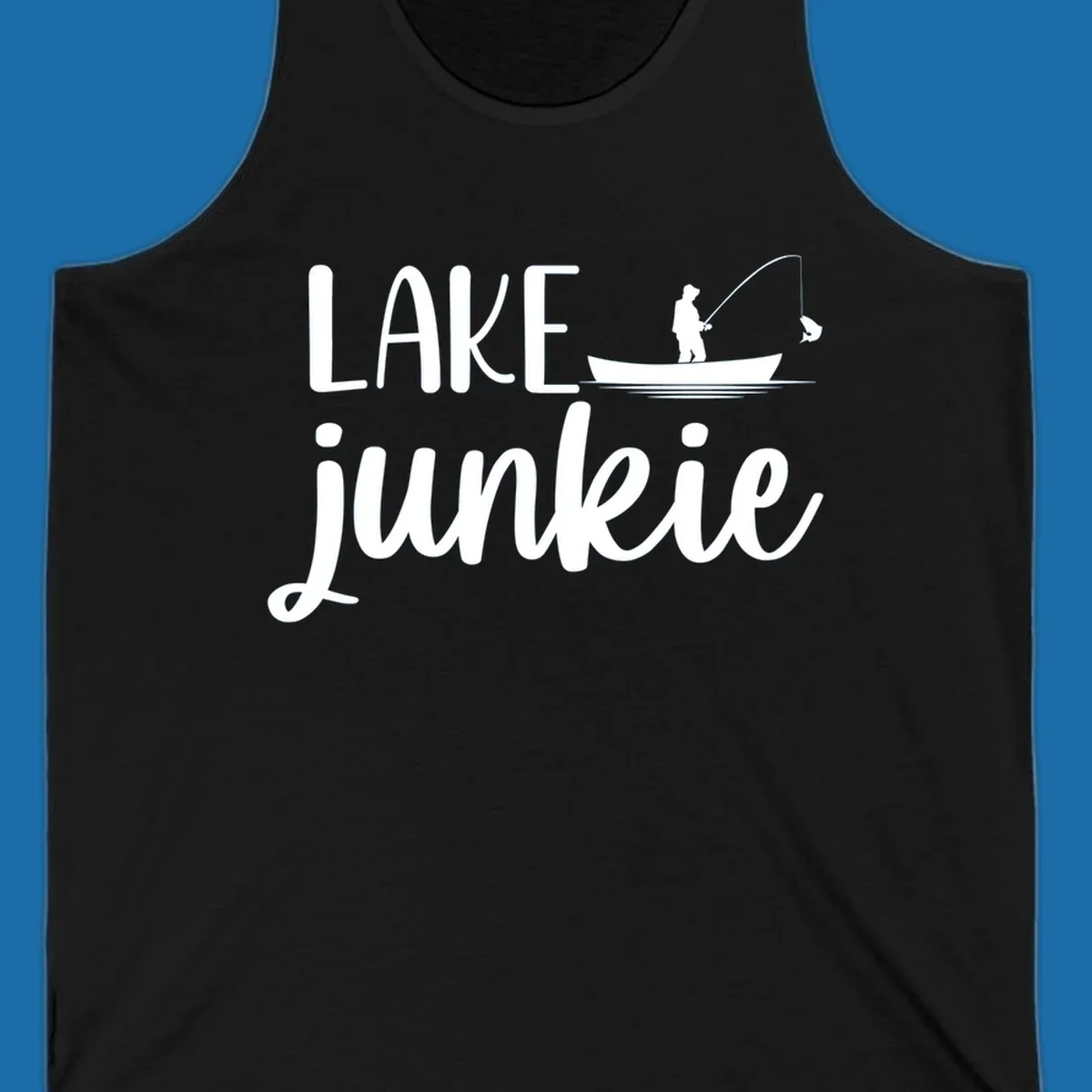 Lake Junkie Fishing Lifestyle Design with text and fisherman silhouette. 