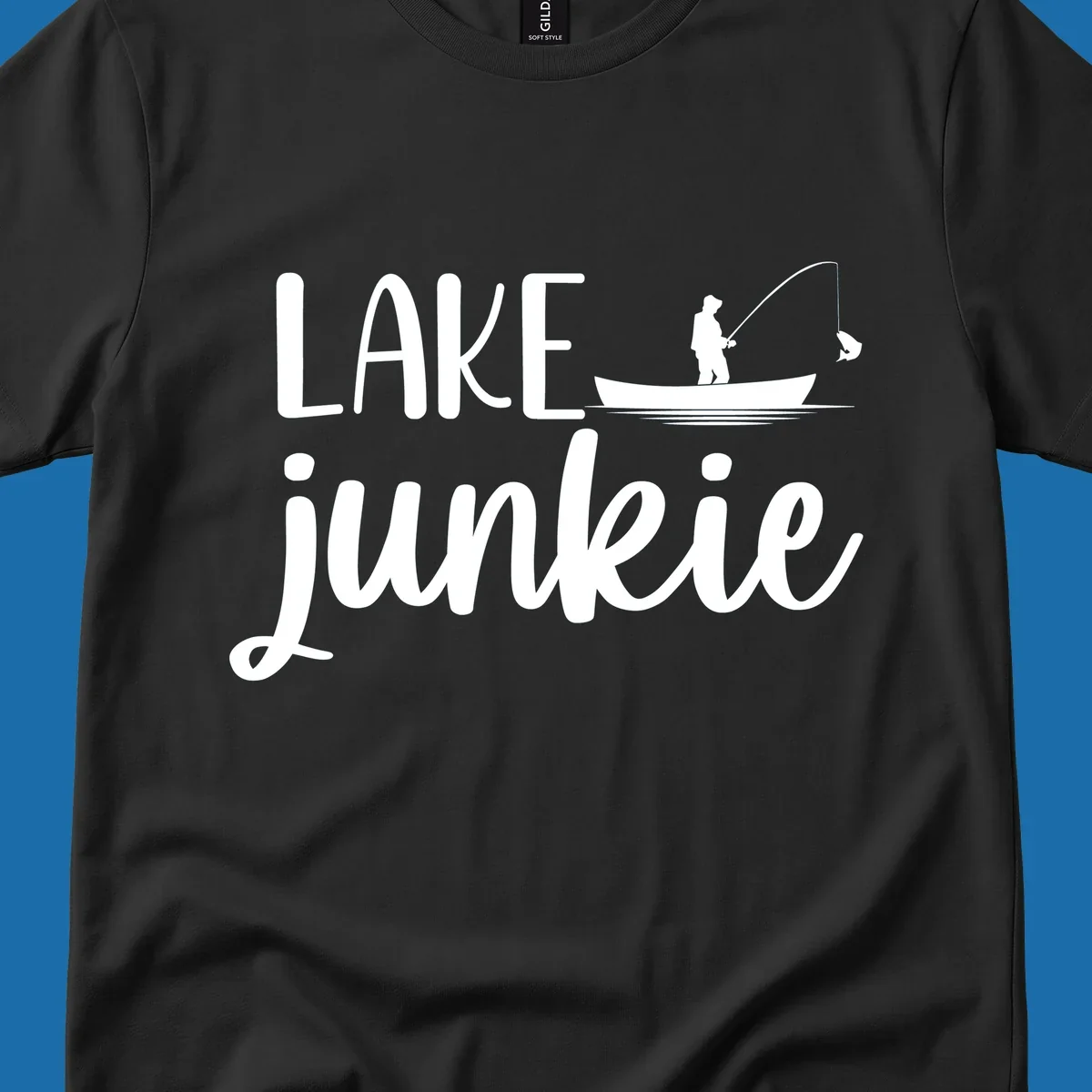 Lake Junkie Fishing Lifestyle Design with text and fisherman silhouette. 