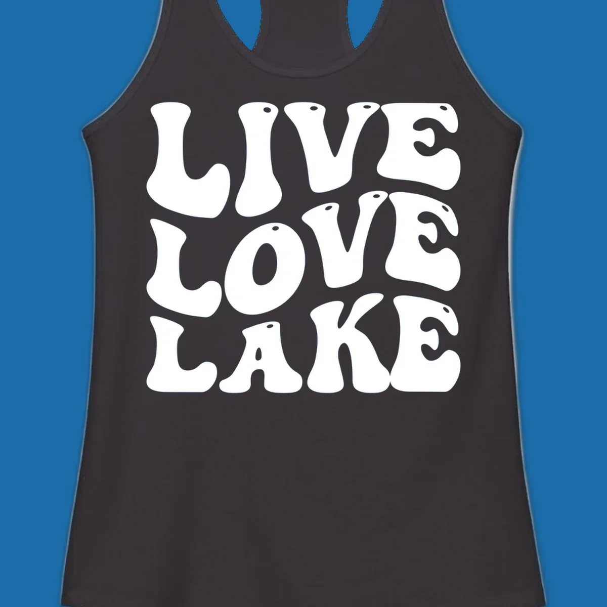 Live Love Lake text in retro bubble font, white on black and black on white.