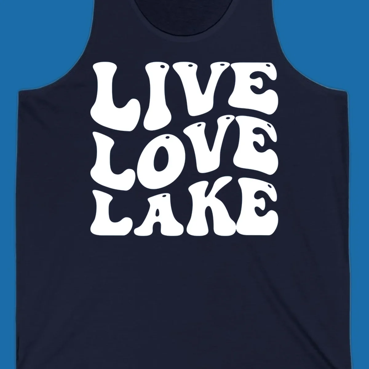 Live Love Lake text in retro bubble font, white on black and black on white.