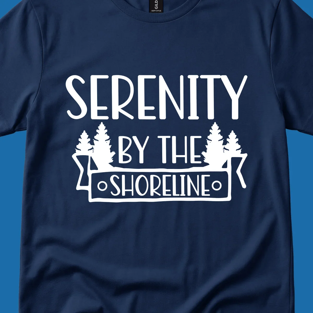 Serenity By The Shoreline text with pine trees and banner