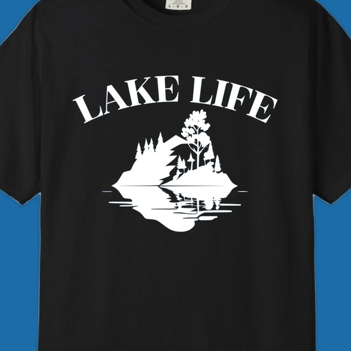 Lake life mountain reflection graphic with text LAKE LIFE