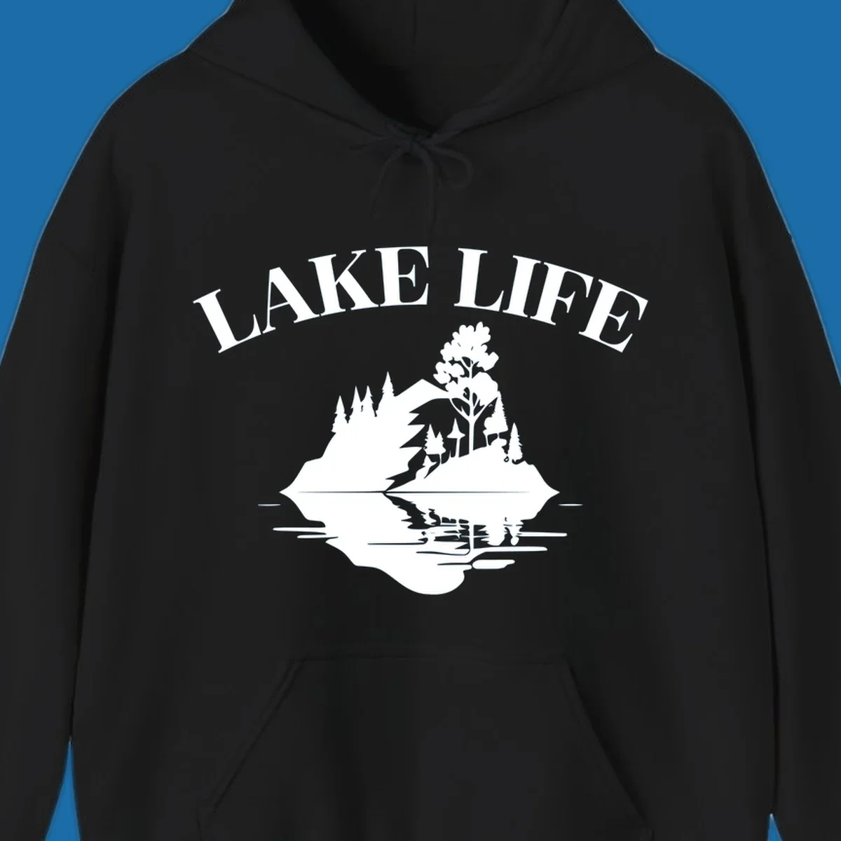 Lake life mountain reflection graphic with text LAKE LIFE