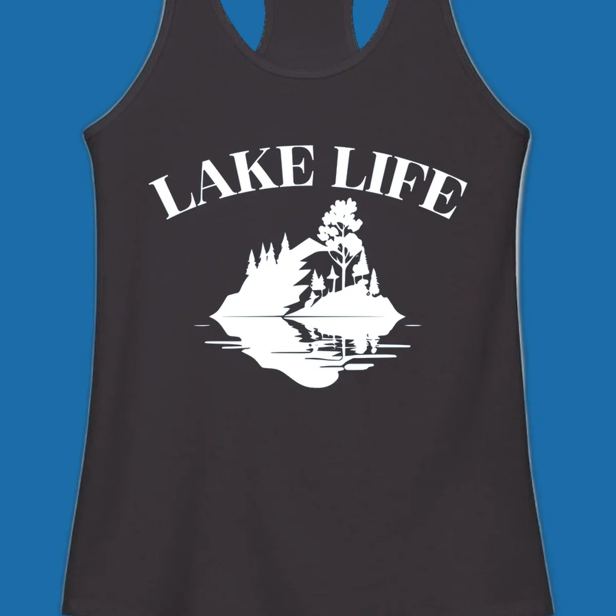 Lake life mountain reflection graphic with text LAKE LIFE