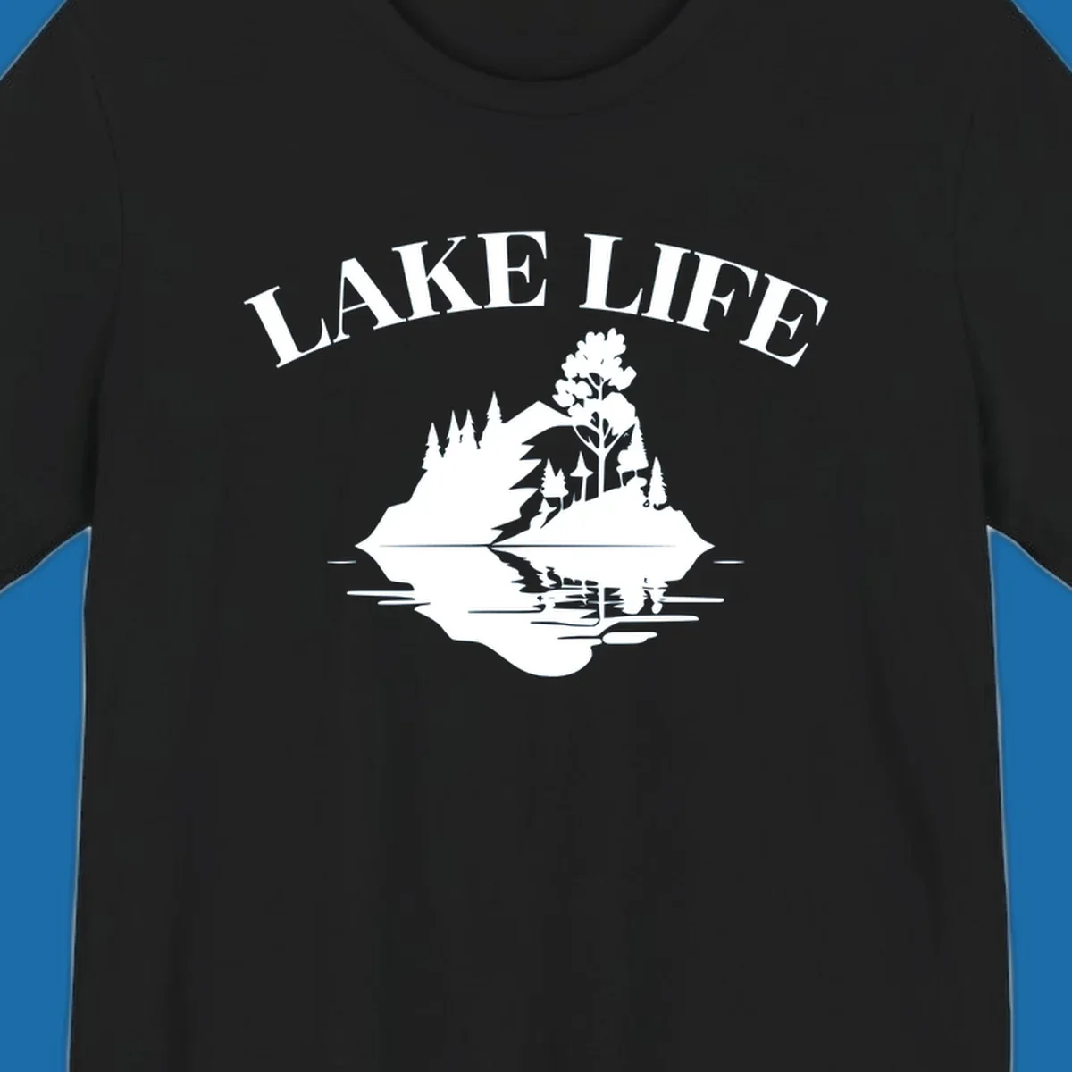 Lake life mountain reflection graphic with text LAKE LIFE