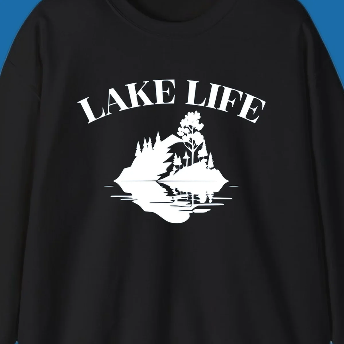 Lake life mountain reflection graphic with text LAKE LIFE