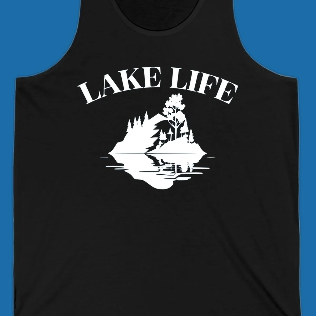 Lake life mountain reflection graphic with text LAKE LIFE