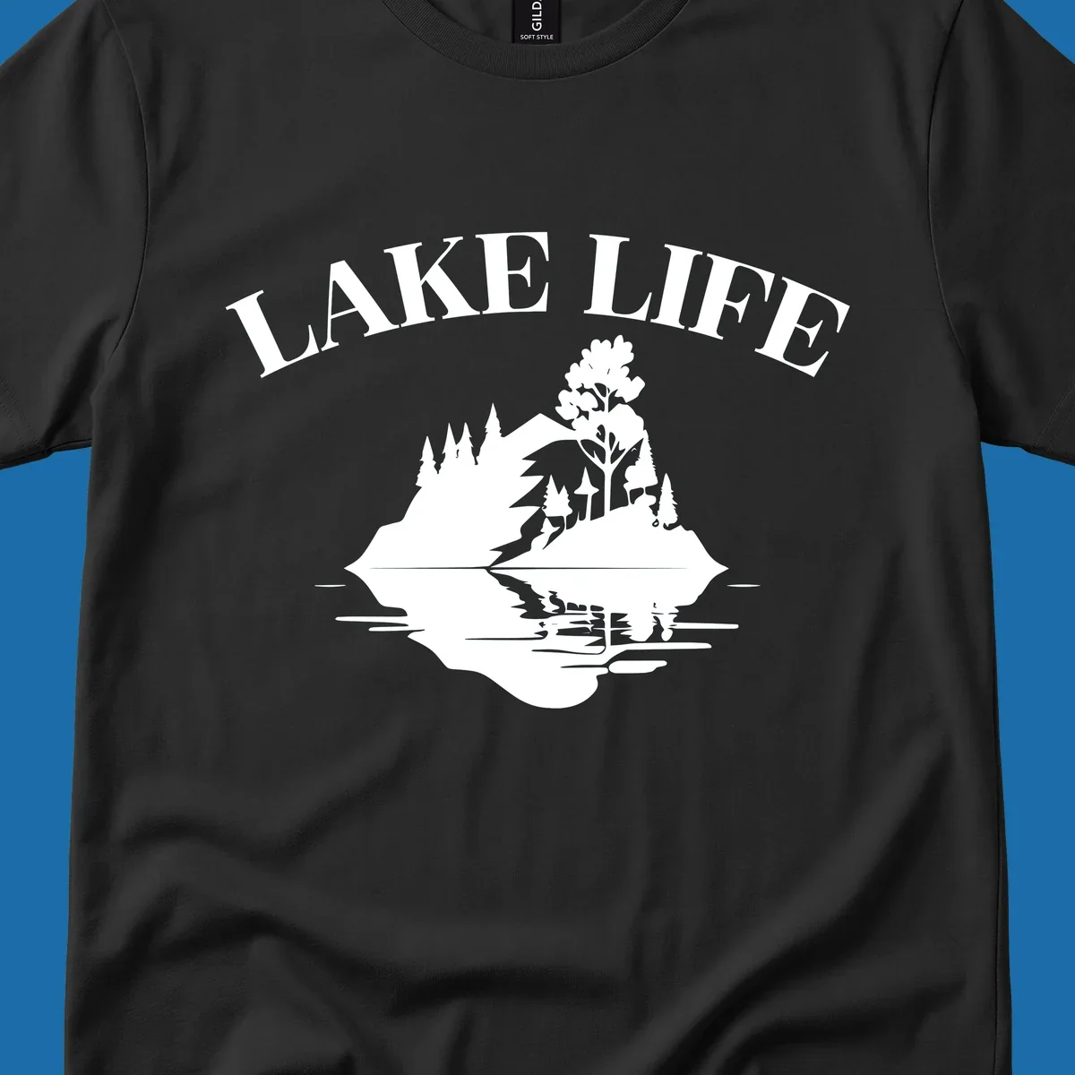 Lake life mountain reflection graphic with text LAKE LIFE