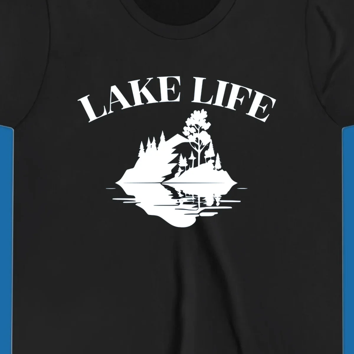 Lake life mountain reflection graphic with text LAKE LIFE