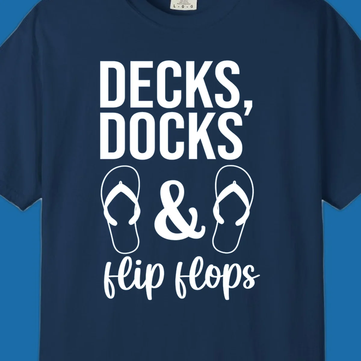 Decks Docks and Flip Flops text and icons for lake day.