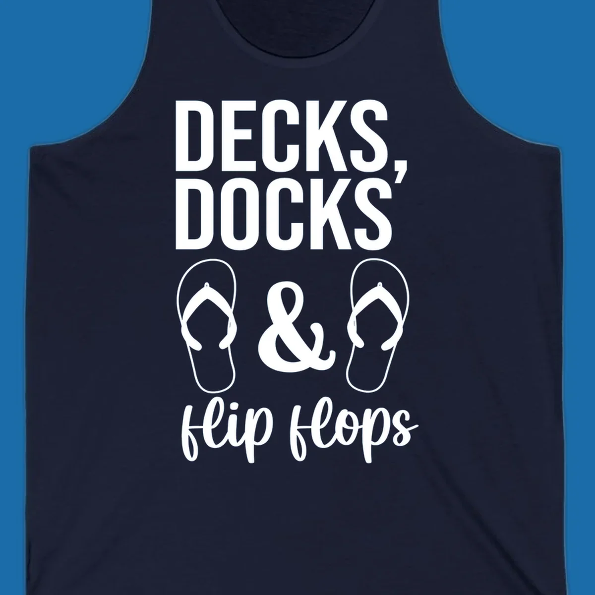 Decks Docks and Flip Flops text and icons for lake day.