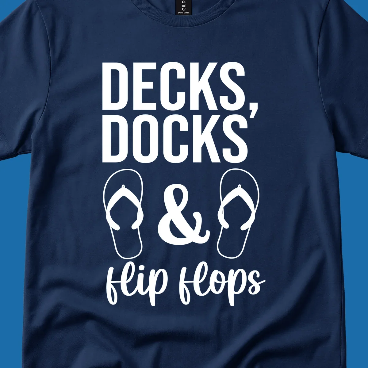 Decks Docks and Flip Flops text and icons for lake day.