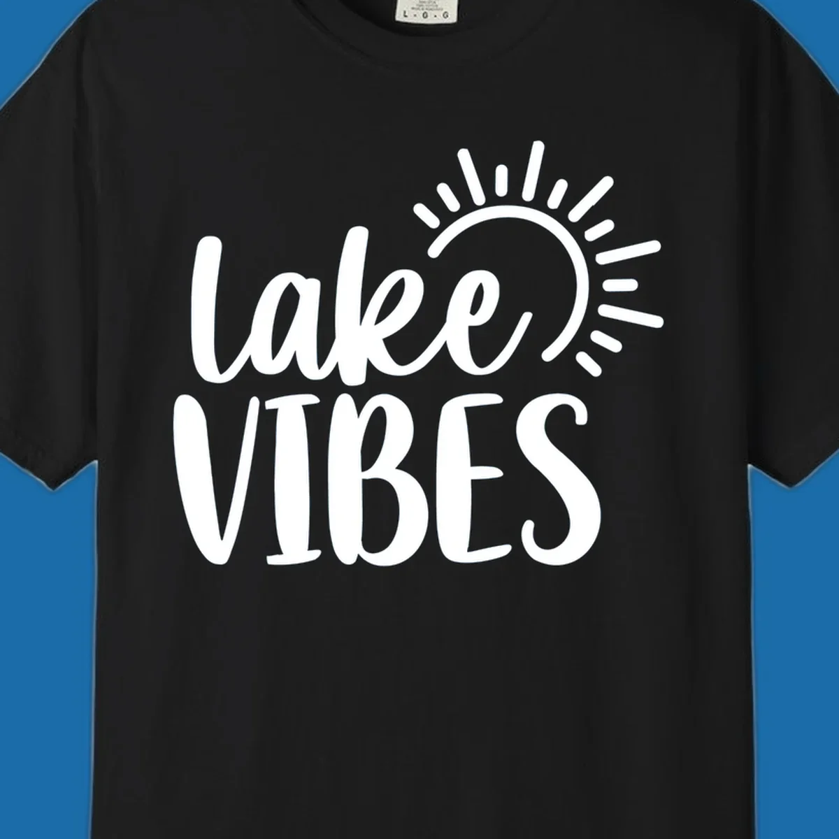 Lake Vibes text with a stylized sun graphic. Lake-life summer design.