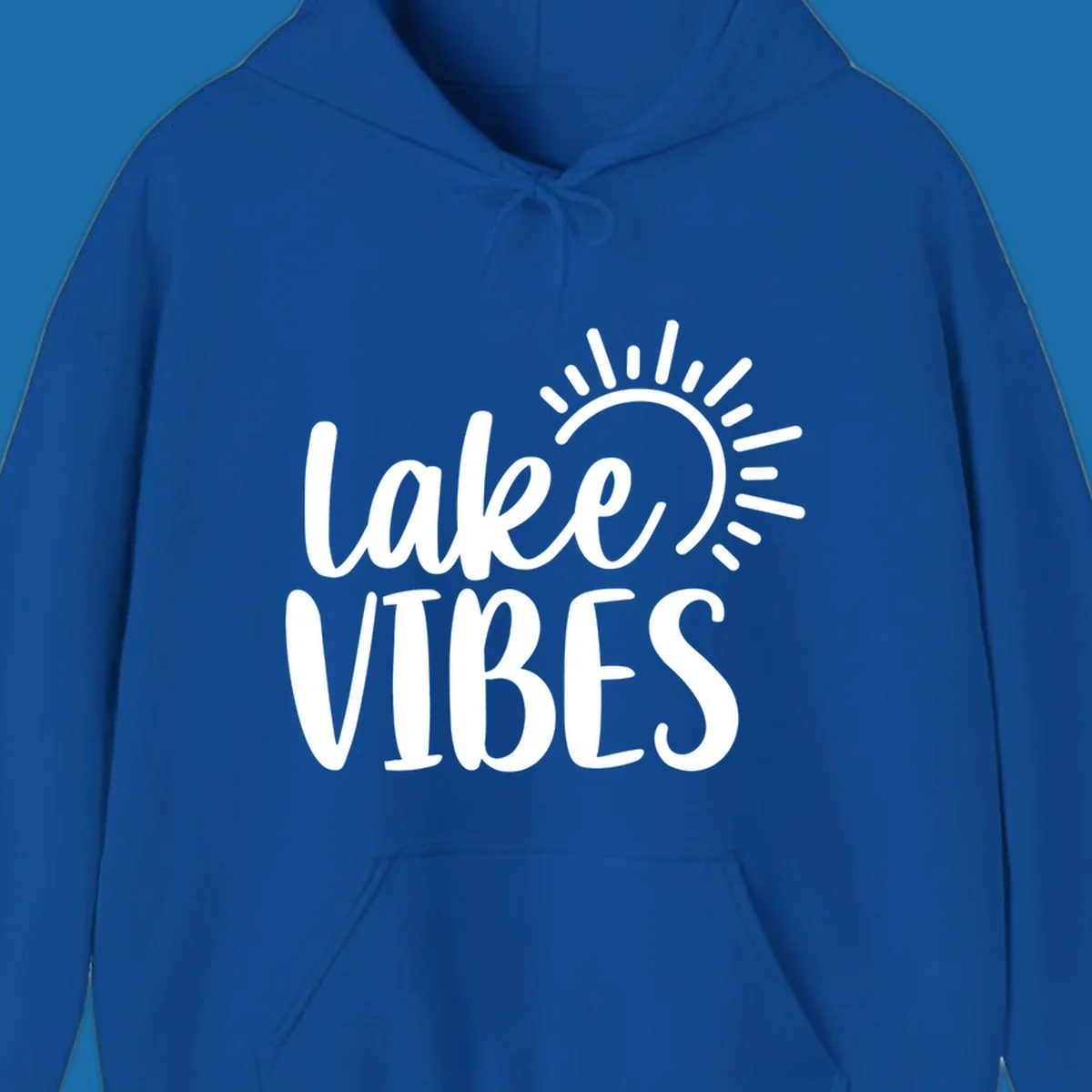 Lake Vibes text with a stylized sun graphic. Lake-life summer design.