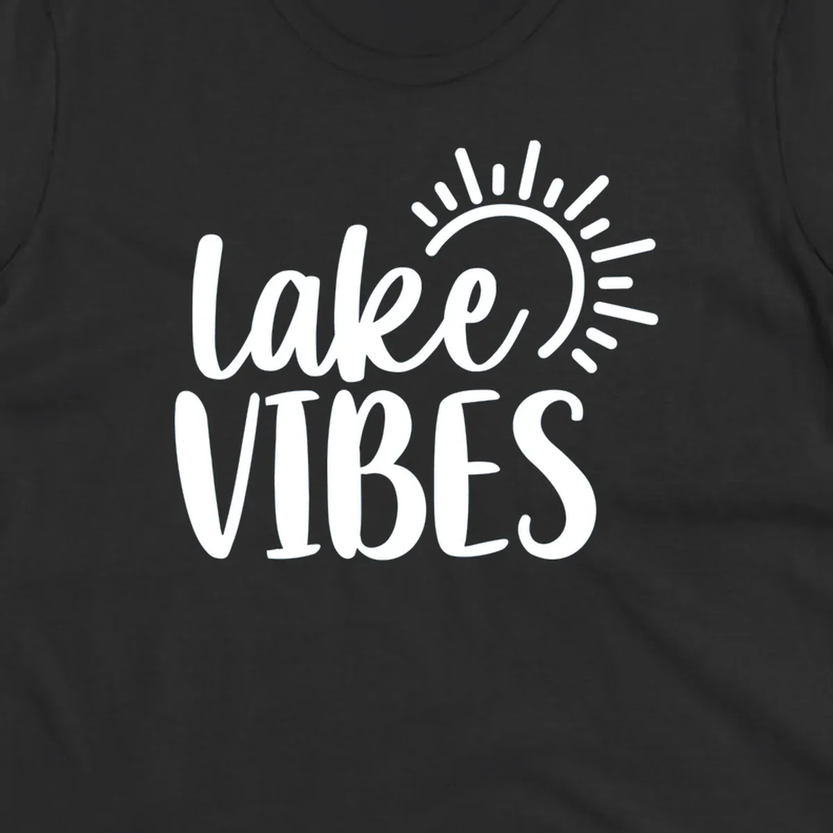 Lake Vibes text with a stylized sun graphic. Lake-life summer design.