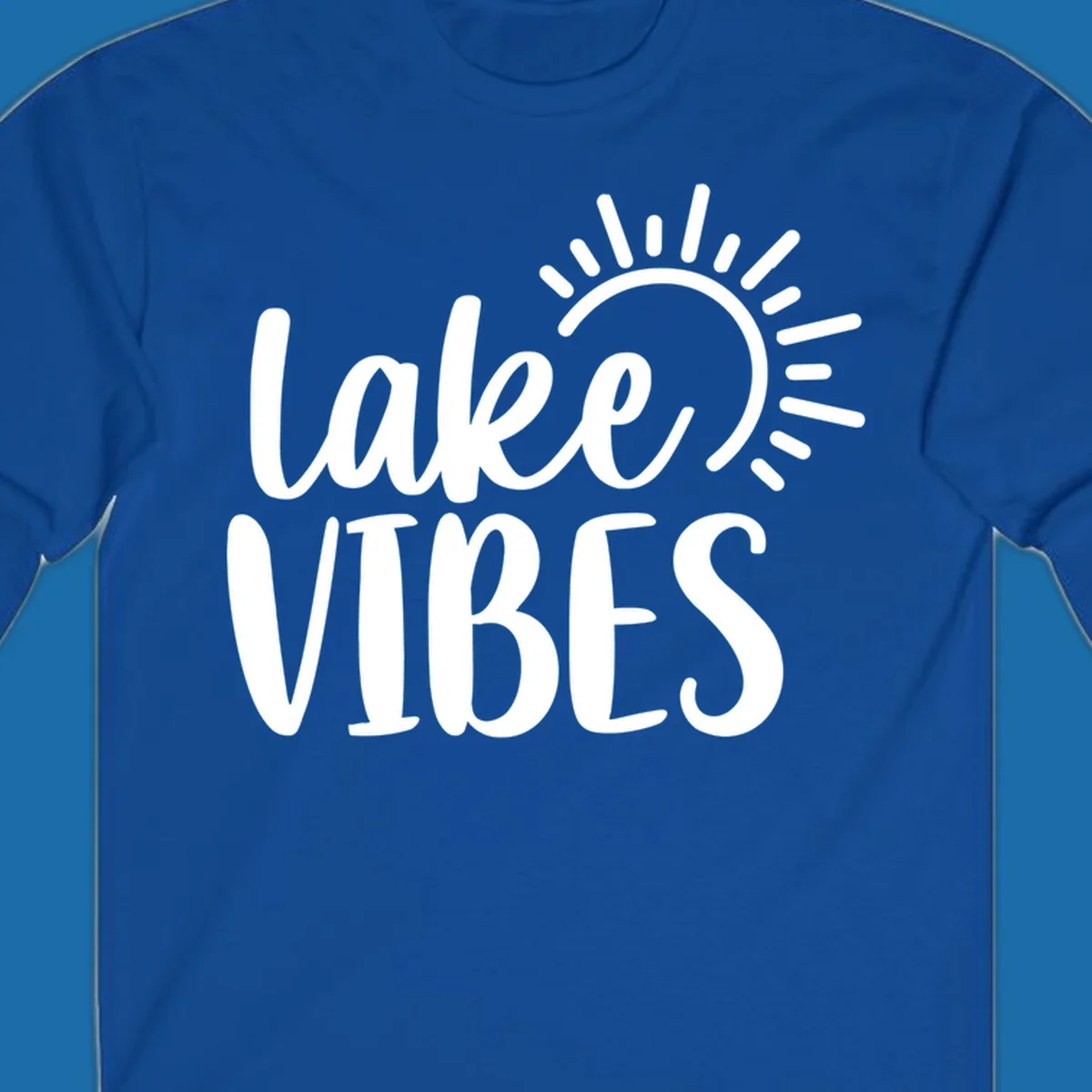 Lake Vibes text with a stylized sun graphic. Lake-life summer design.
