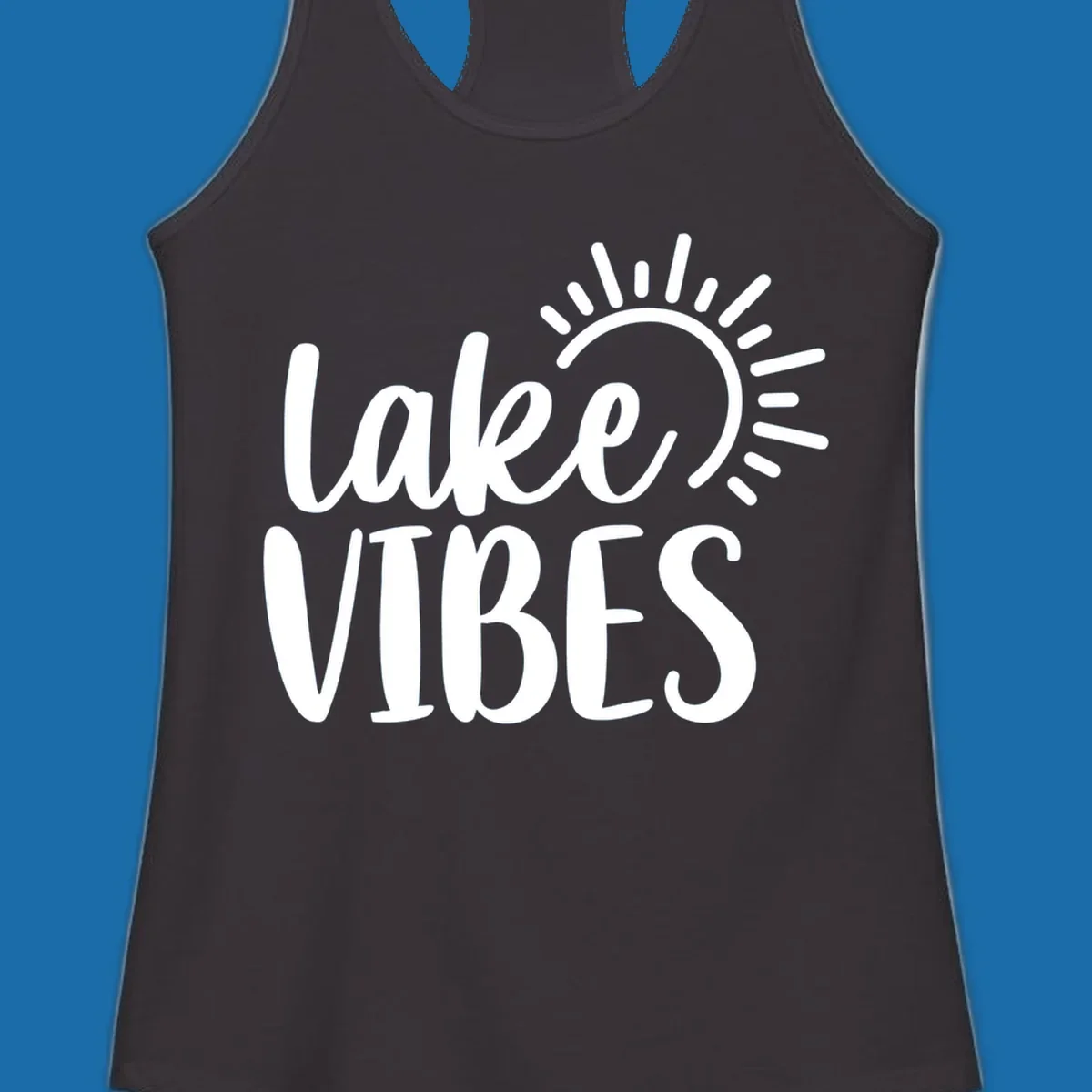 Lake Vibes text with a stylized sun graphic. Lake-life summer design.