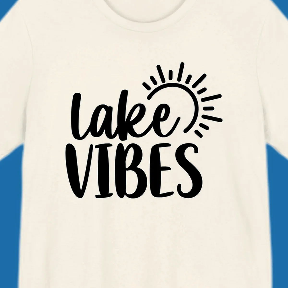 Lake Vibes text with a stylized sun graphic. Lake-life summer design.