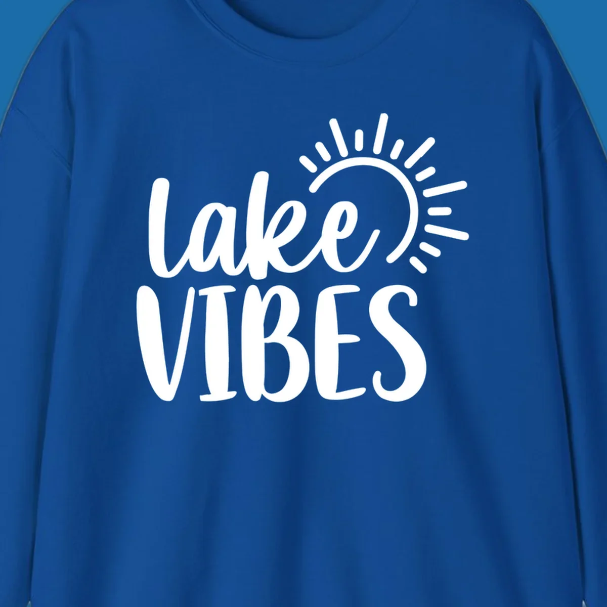 Lake Vibes text with a stylized sun graphic. Lake-life summer design.